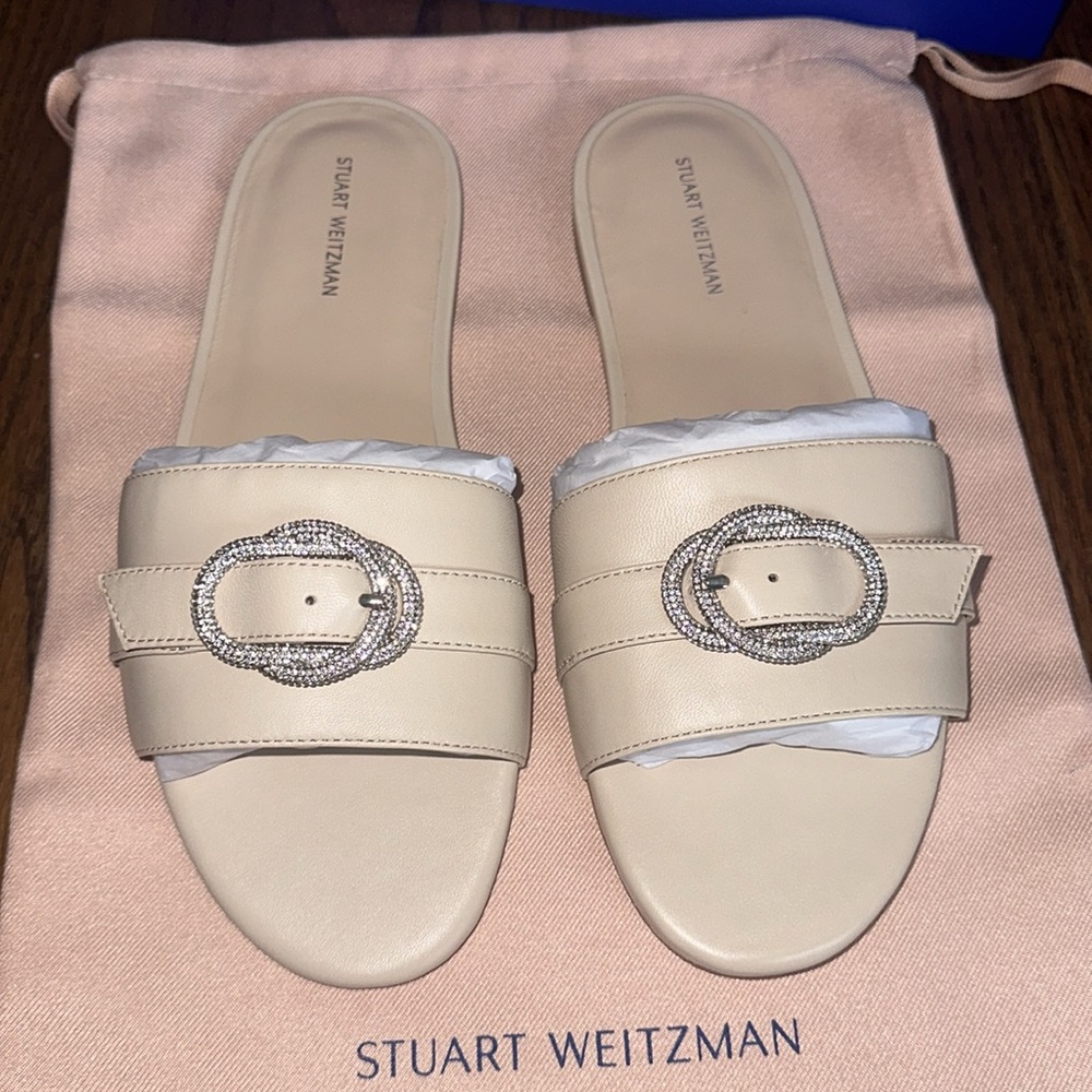 NIB Stuart Weitzman Crystal Buckle Leather Slides Sandals Beige Sz 8.5 & 9.5